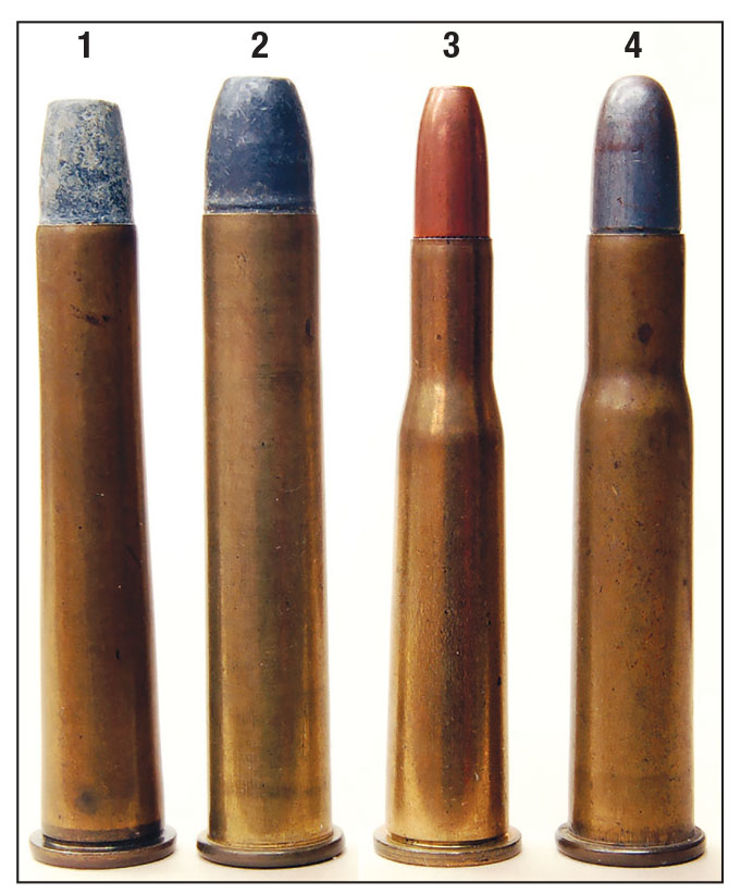 The (1) black powder .32-40 and (2) .38-55 were the first rounds chambered in the Model 1894 rifle, followed by the (3) .25-35 Smokeless and (4) .30 WCF Smokeless some 10 months later.